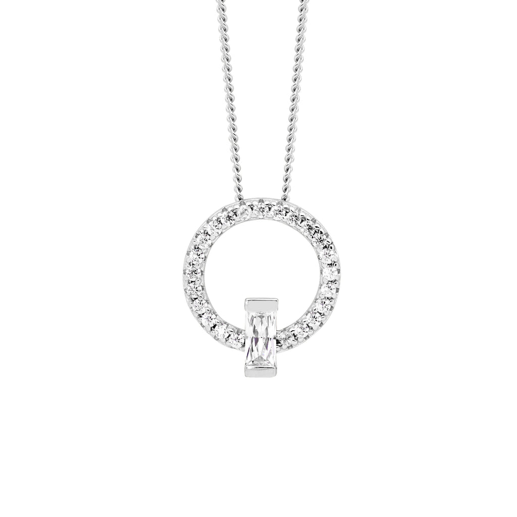 Sterling Silver White Cubic Zirconia 13mm Open Circle Pendant With White Baguette Cubic Zirconia    