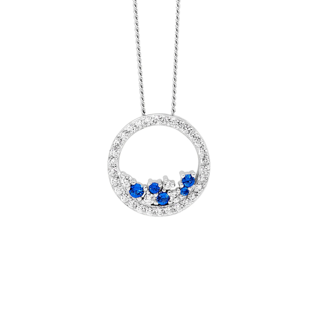 Sterling Silver White Cubic Zirconia 14mm Open Circle Pendant With Scattered Blue & White Cubic Zirconia   