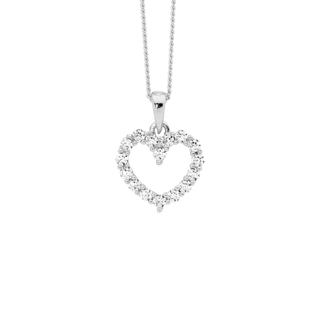 Sterling Silver White Cubic Zirconia 11mm Open Heart Pendant   