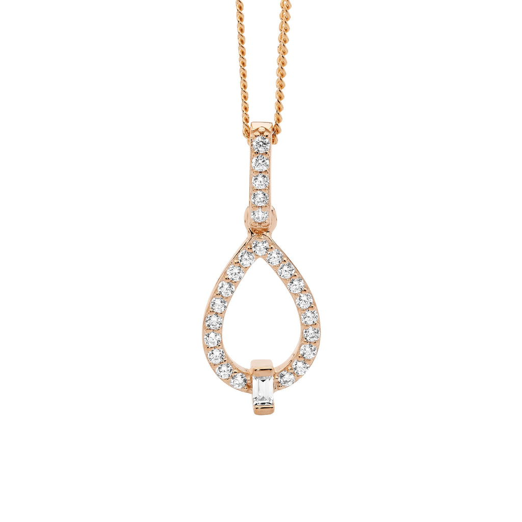 Sterling Silver White Cubic Zirconia Open Tear Drop Pendant With Baguette & Rose Yellow Gold Plating   