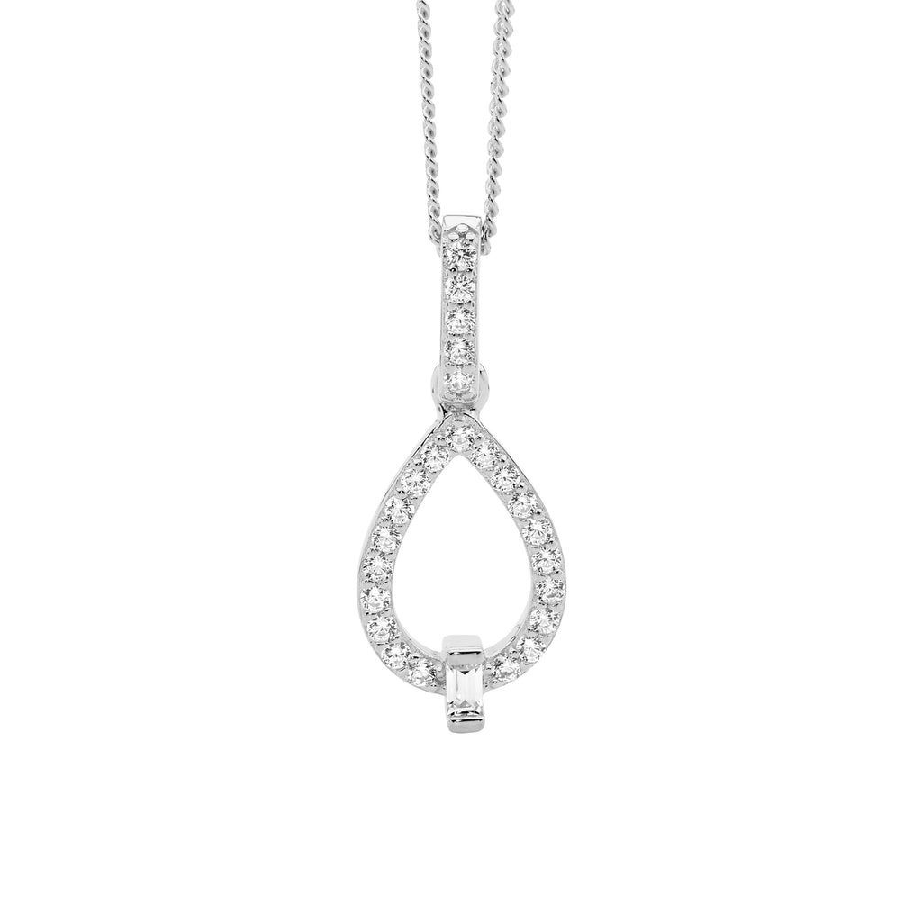 Sterling Silver White Cubic Zirconia Open Tear Drop Pendant With Baguette   