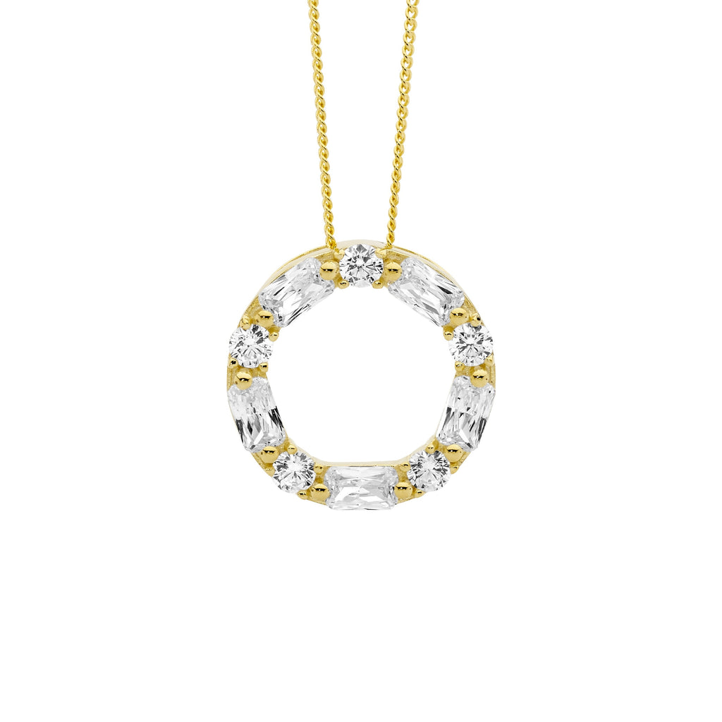 Sterling Silver White Cubic Zirconia Round & Baguette 18mm Circle Pendant  With Yellow Yellow Gold Plating   