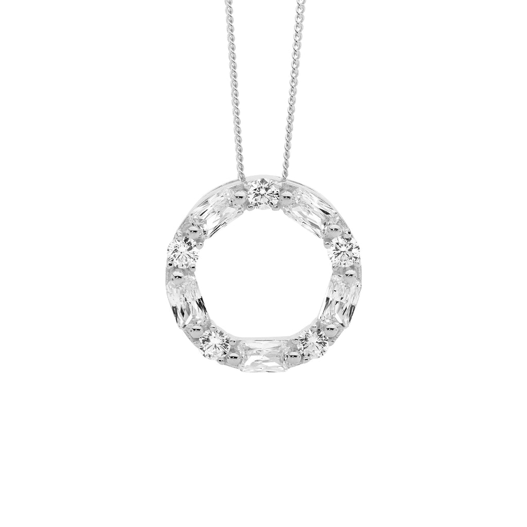 Sterling Silver White Cubic Zirconia Round & Baguette 18mm Circle Pendant   