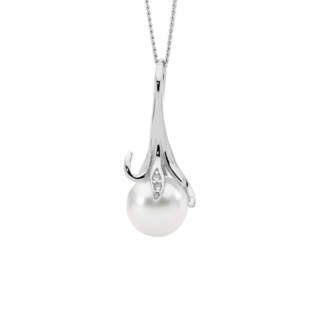 Sterling Silver White Cubic Zirconia With Freshwater Pearl Pendant   