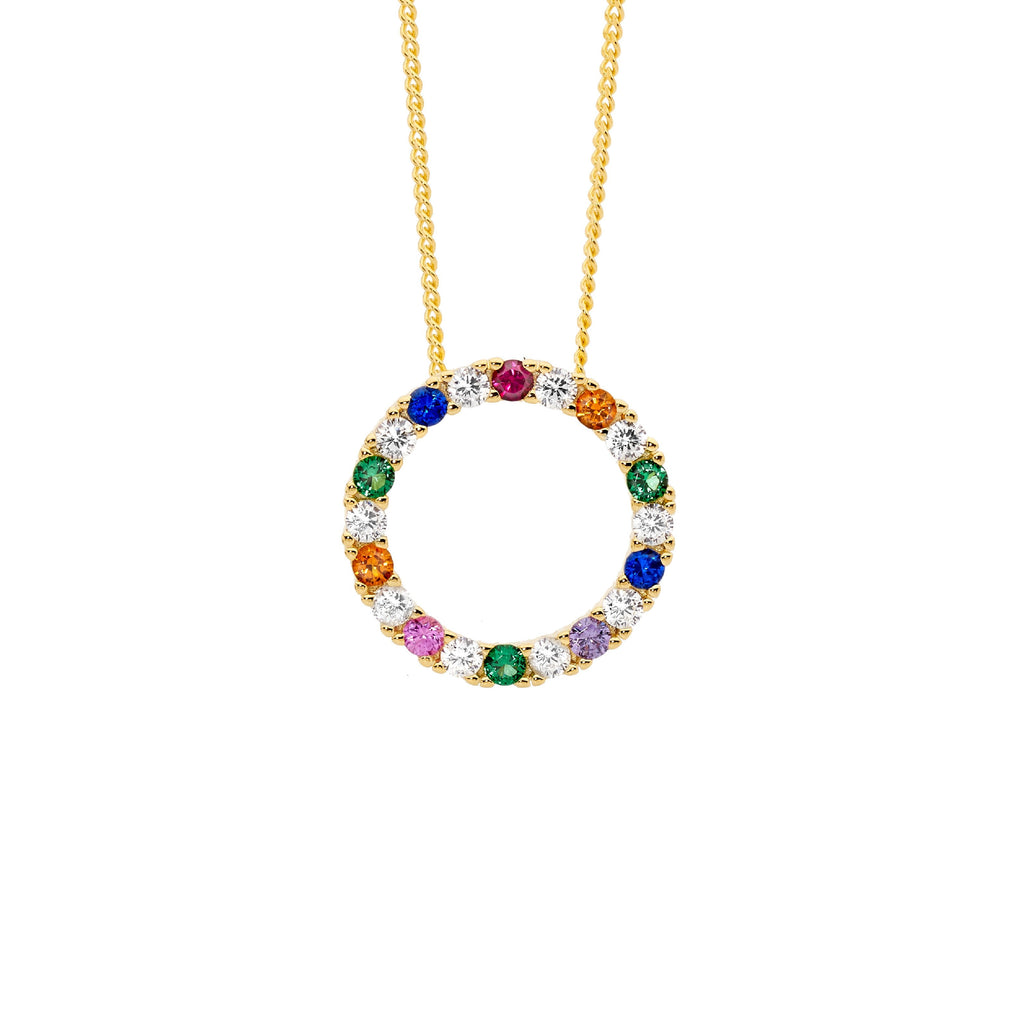 Sterling Silver White & Multi Colour Cubic Zirconia 16mm Open Circle Pendant  With Yellow Yellow Gold Plating   