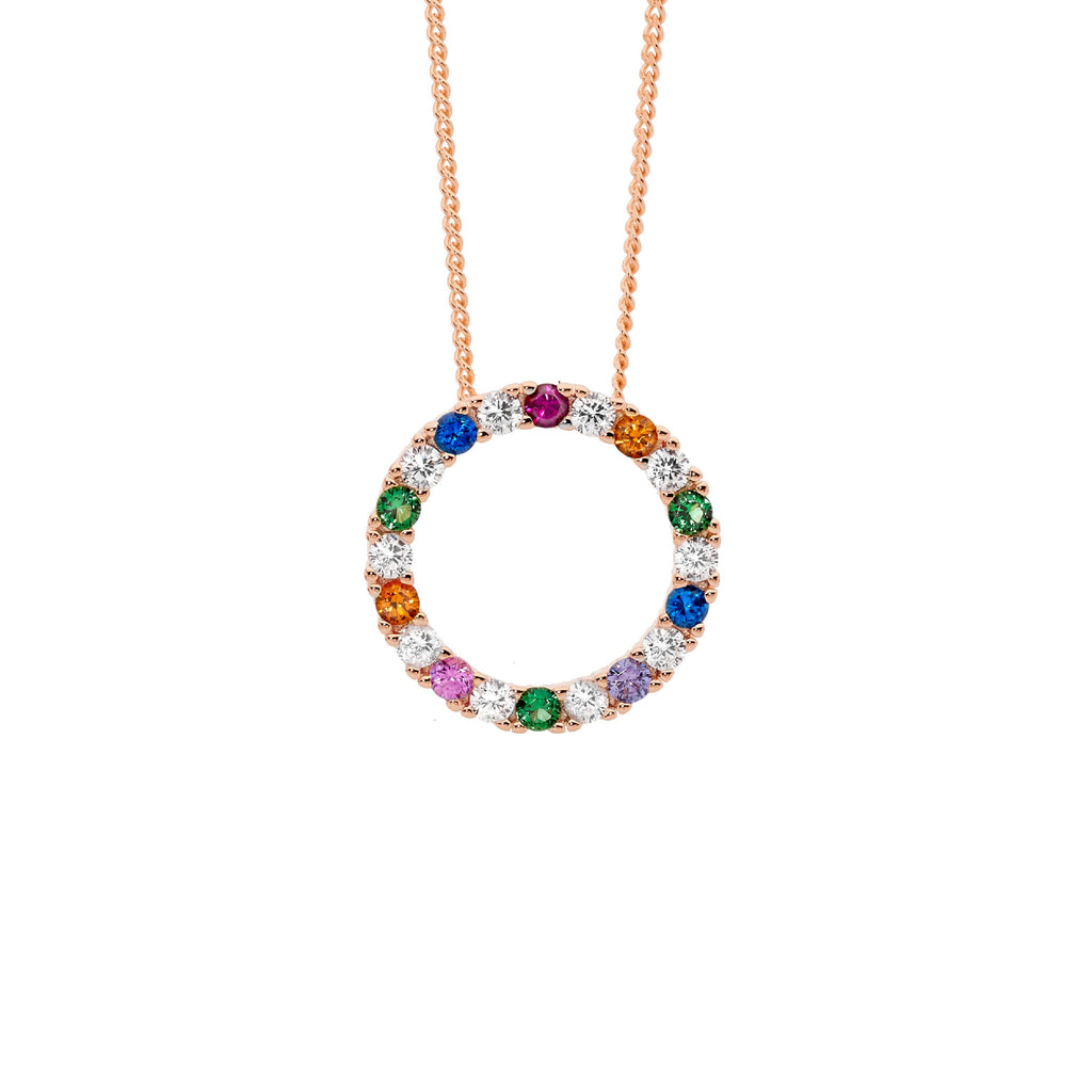 Sterling Silver White & Multi Colour Cubic Zirconia 16mm Open Circle Pendant With Rose Yellow Gold Plating   
