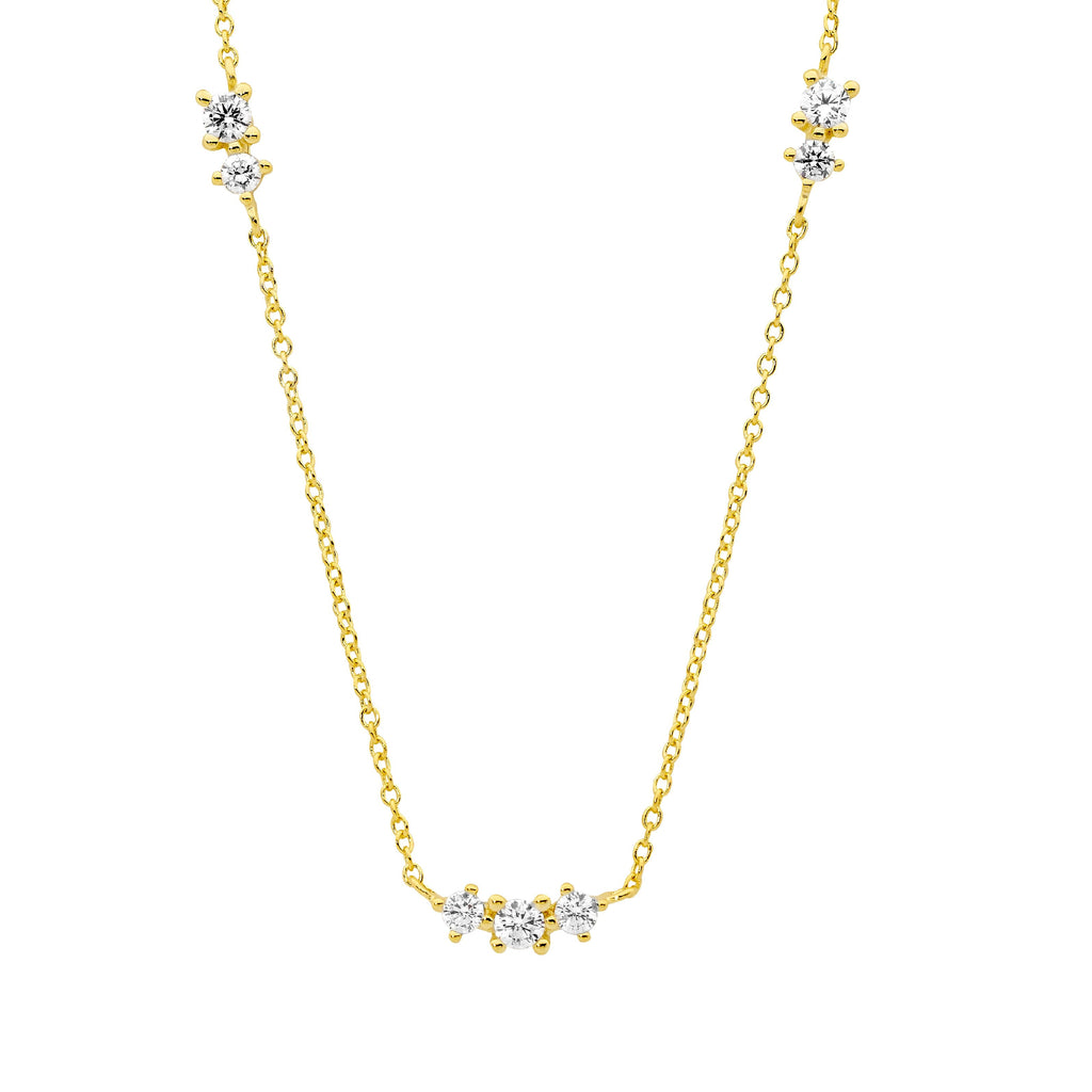 Sterling Silver White Cubic Zirconia x3 Groups On 40cm Chain Plus 5cm Ext.  With Yellow Yellow Gold Plating   