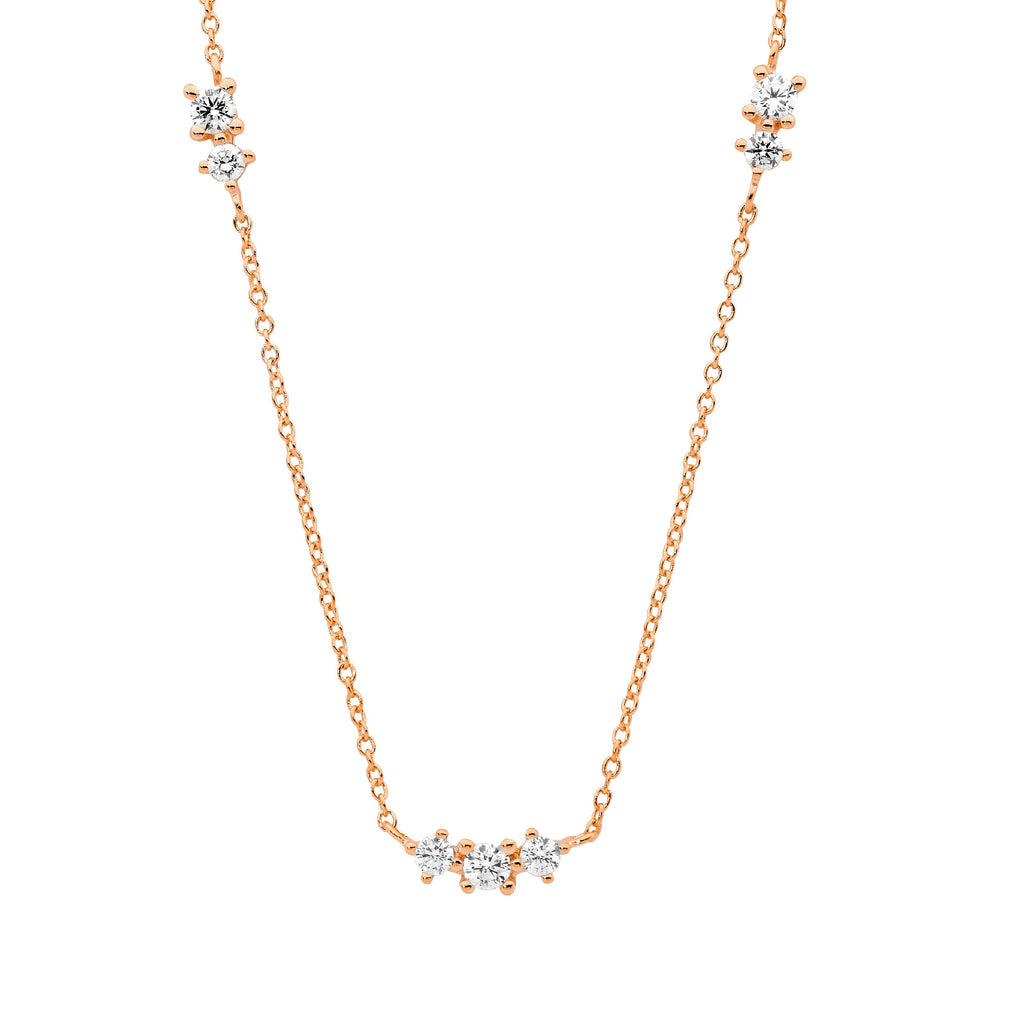 Sterling Silver White Cubic Zirconia x3 Groups On 40cm Chain Plus 5cm Ext. With Rose Yellow Gold Plating   