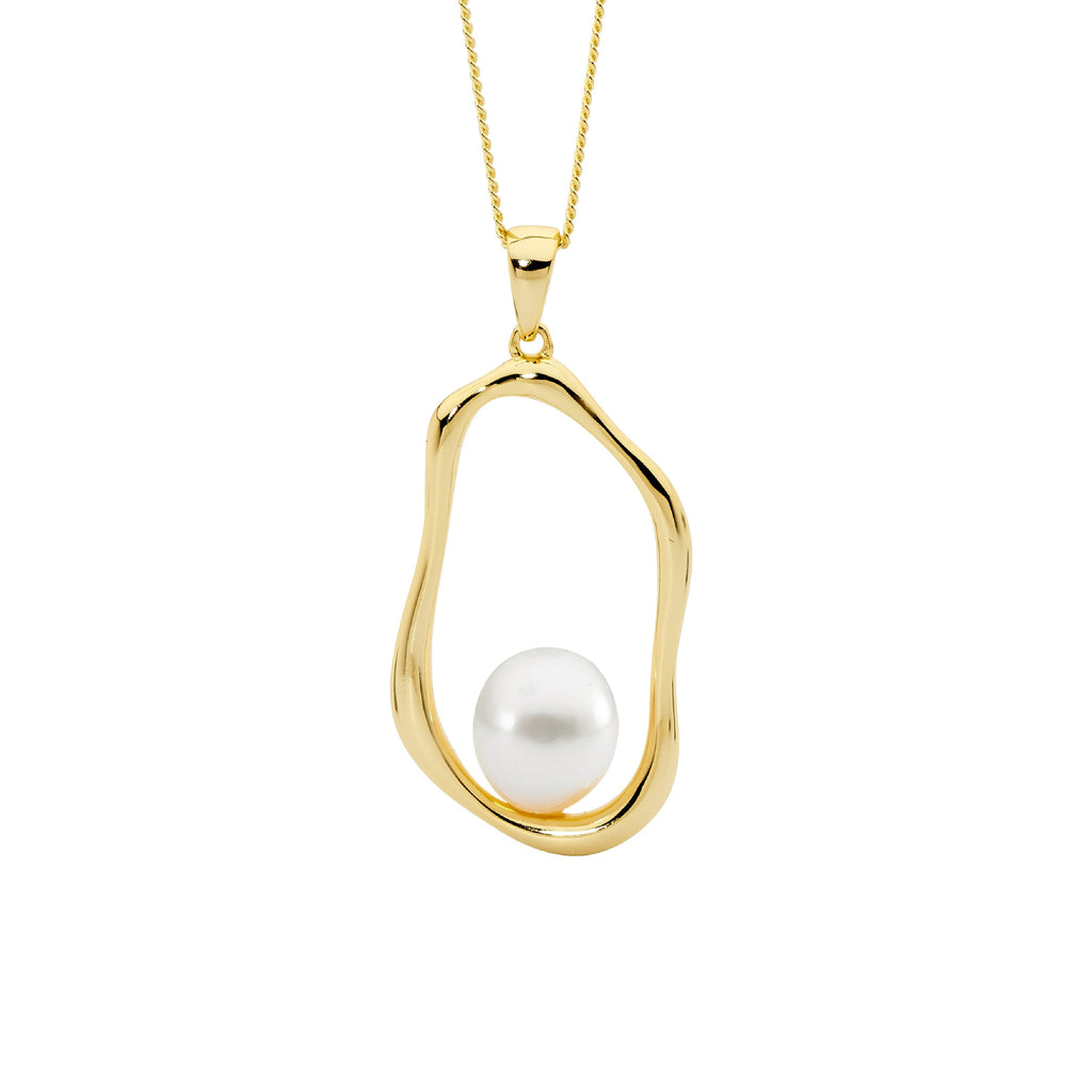 Sterling Silver Open Wave Oval Pendant With Freshwater Pearl, Yellow Gold Plating   