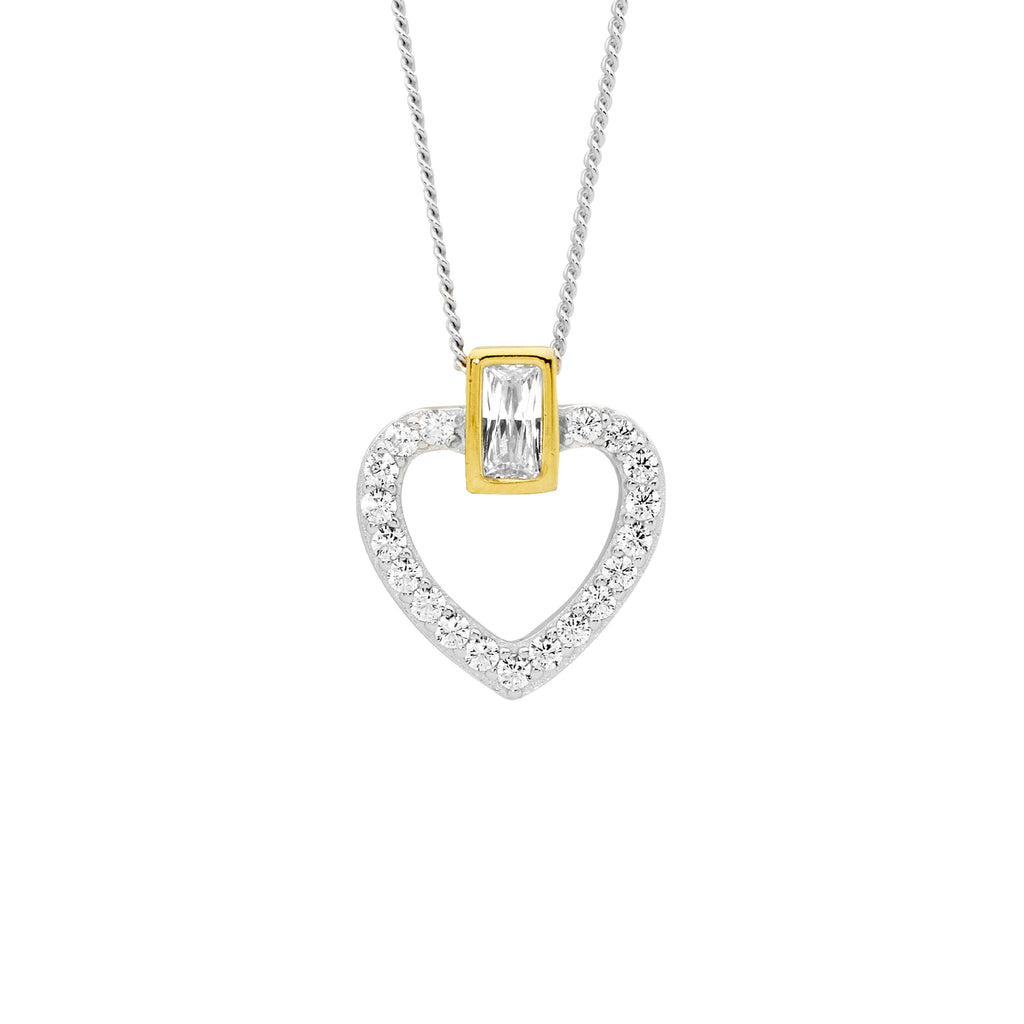 Sterling Silver White Cubic Zirconia Open Heart With Gold Plated Bezel Set Baguette Pendant   