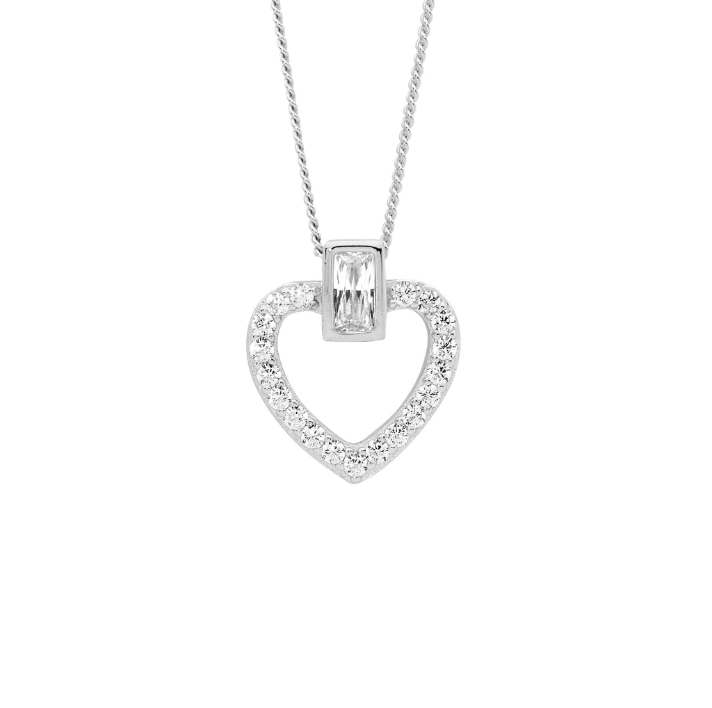 Sterling Silver White Cubic Zirconia Open Heart With Bezel Set Baguette Pendant   