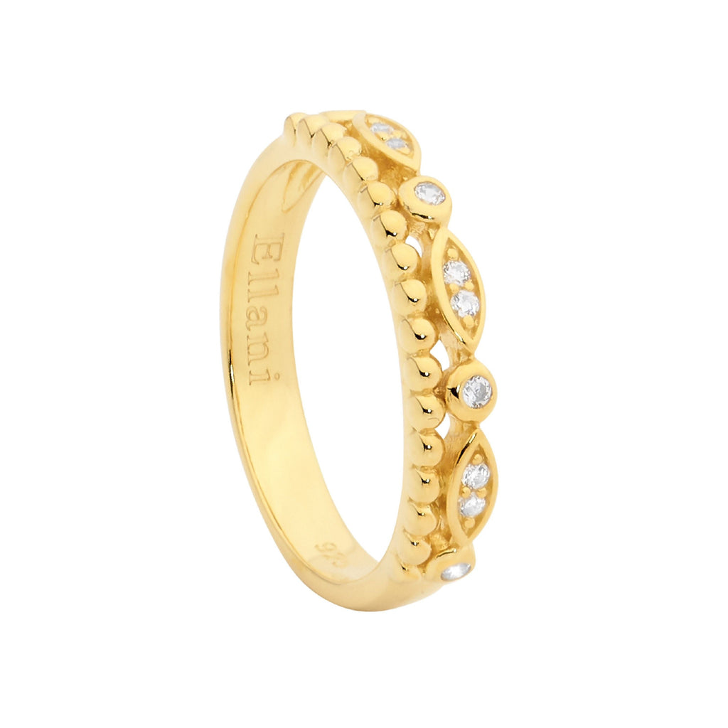 Sterling Silver Double Row Ring , White Cubic Zirconia & Bubble Band With Yellow Gold Plating   