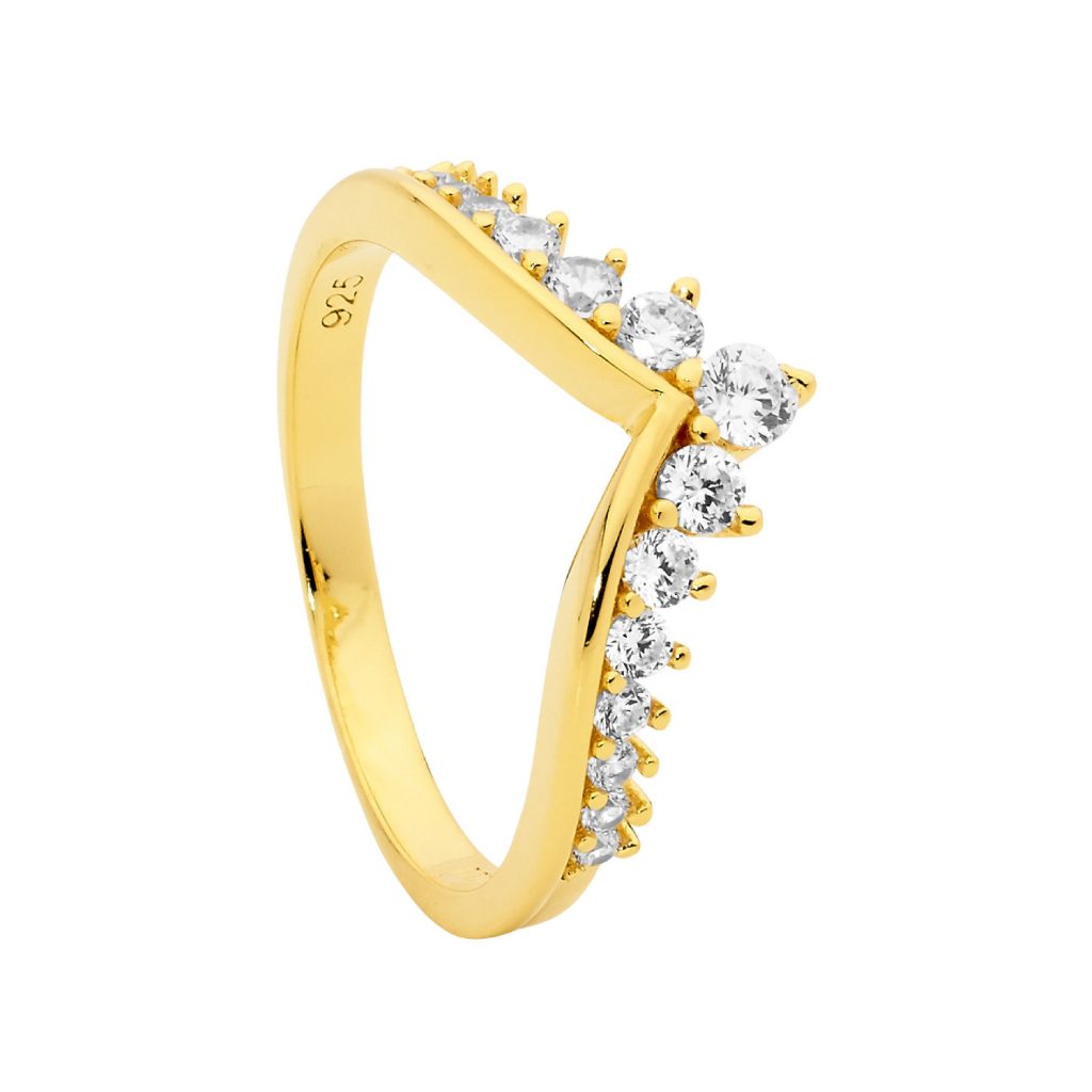 Sterling Silver Plain V Ring With Gradual White Cubic Zirconia & Gold Plating   