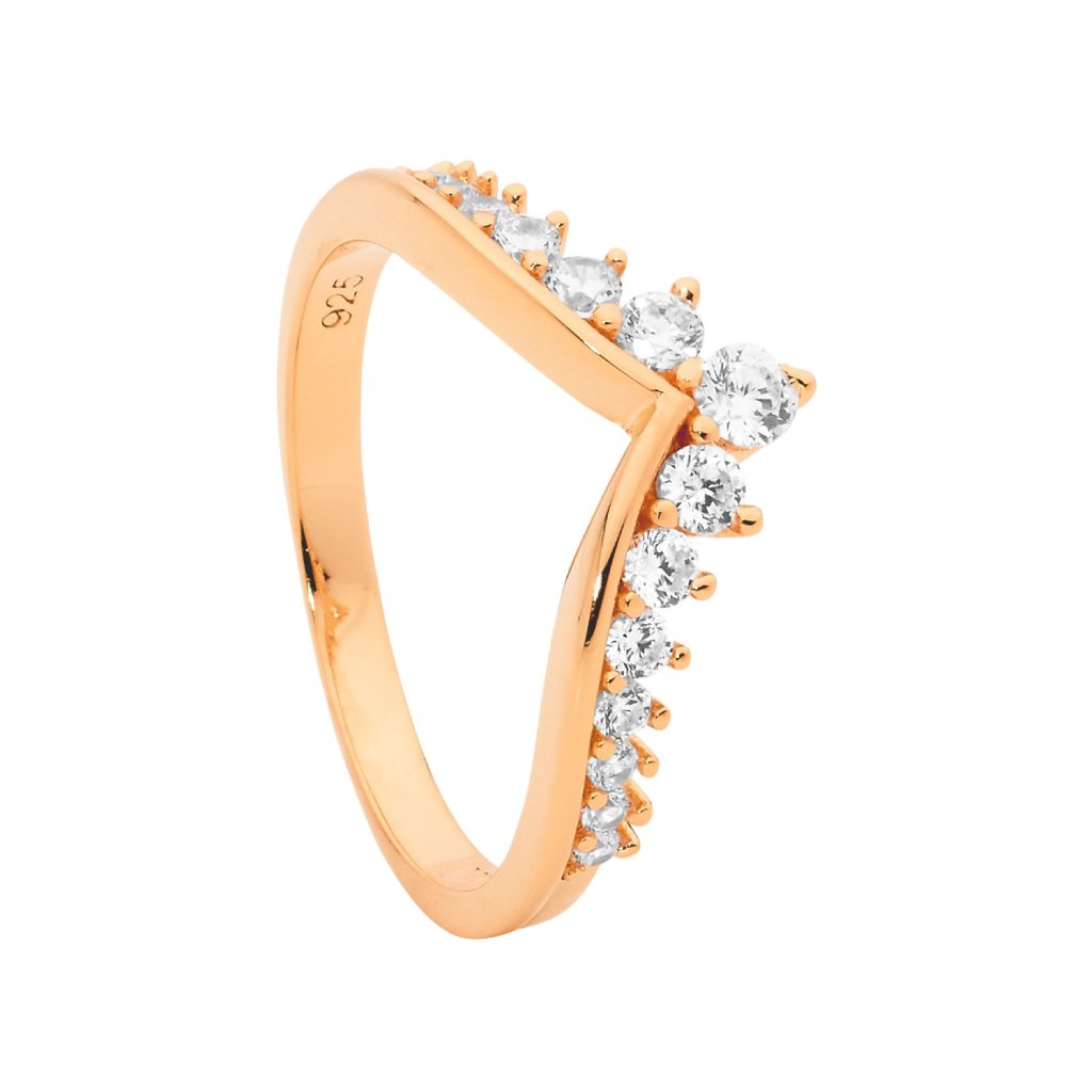 Sterling Silver Plain V Ring With Gradual White Cubic Zirconia & Rose Gold Plating   