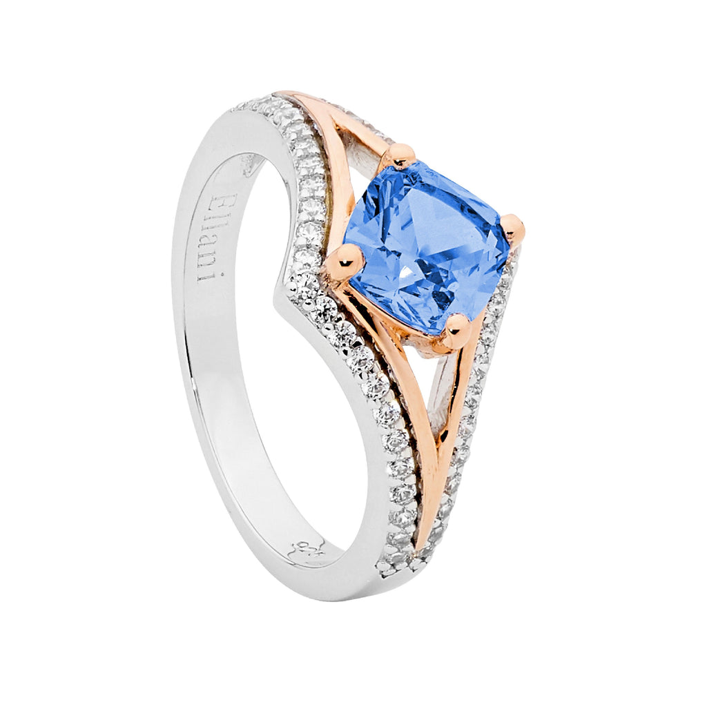 Sterling Silver White Cubic Zirconia Open V With Cushion Cut Spinel & Rose Yellow Gold Plating Ring      