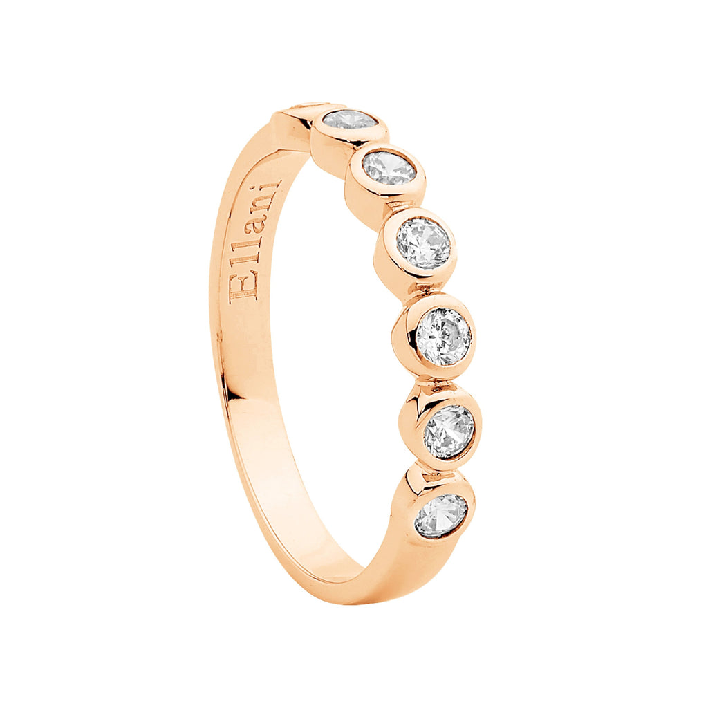 Sterling Silver White Cubic Zirconia Bezel Set Ring  With Rose Yellow Gold Plating   