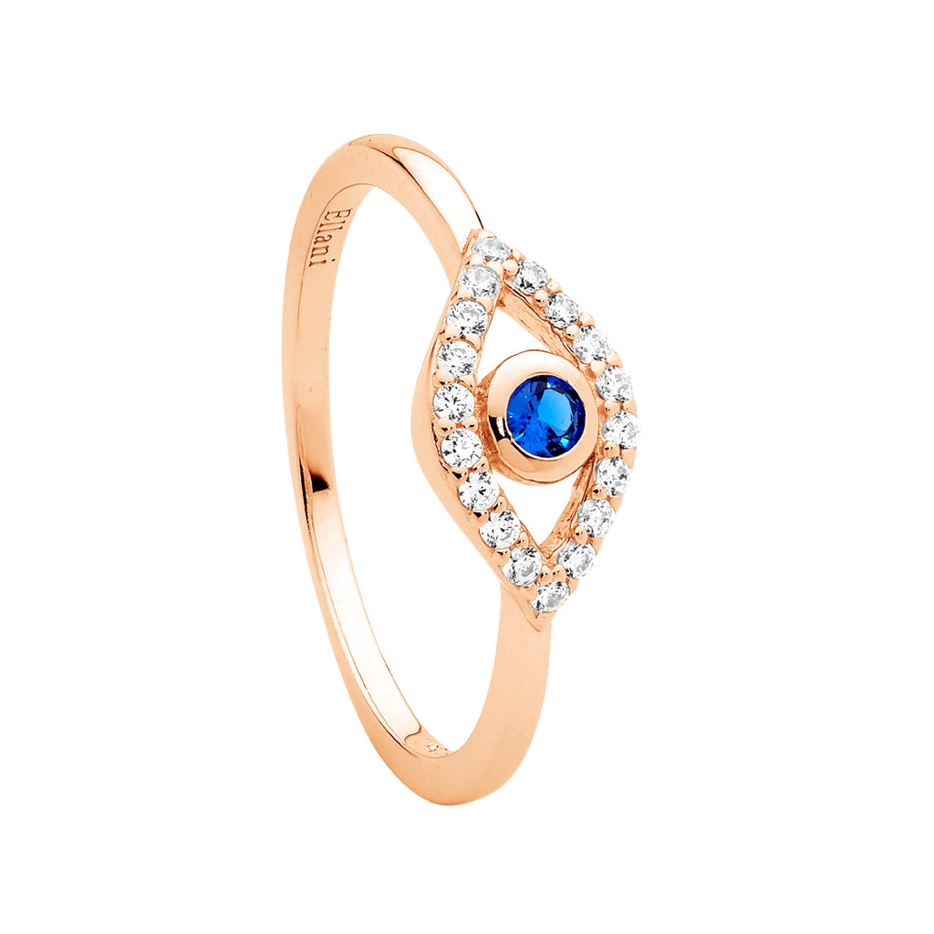 Sterling Silver White & Blue Cubic Zirconia Bezel Set Evil Eye Ring  With Rose Yellow Gold Plating   