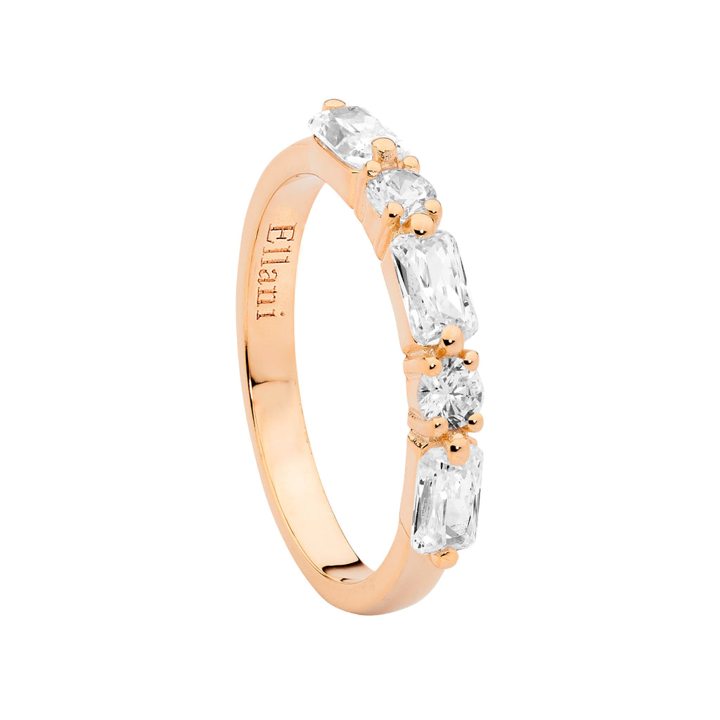 Sterling Silver White Cubic Zirconia Round & Baguette Ring  With Rose Yellow Gold Plating   