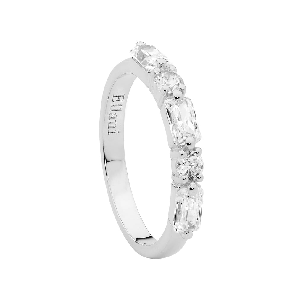 Sterling Silver White Cubic Zirconia Round & Baguette Ring    