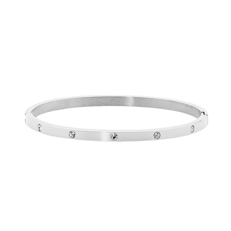 Stainlesterling Silver Steel Hinged 4mm Wide Bangle With White Cubic Zirconia  