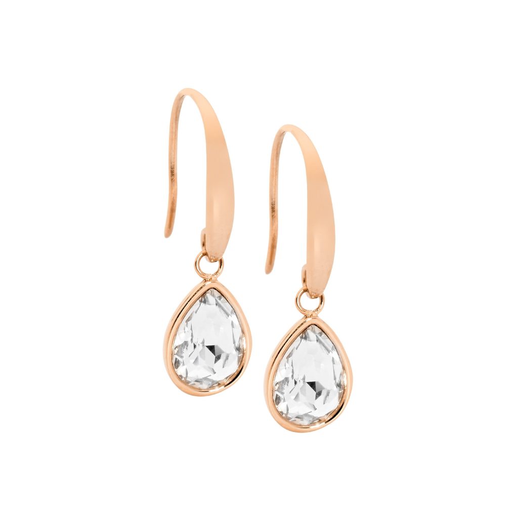 Stainless Steel Tear Drop Earrings With White Glasterling Silver & Rose Gold Ip Plating   
