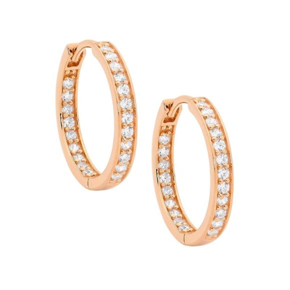 Sterling Silver White Cubic Zirconia Single Row Inside Out 18mm Hoop Earrings With Rose Yellow Gold Plating   