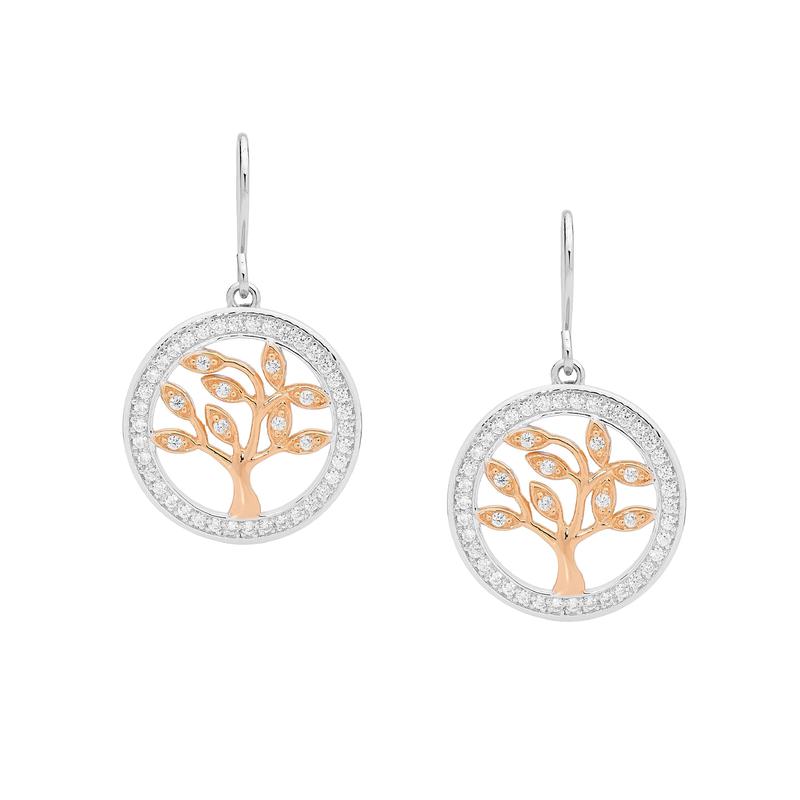 Sterling Silver With Rose Gold Plating Cubic Zirconia Tree of Life Earrings With Cubic Zirconia Halo 